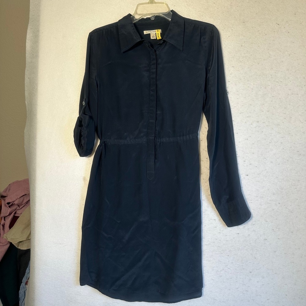 Banana Republic Womens 100% Silk Shirt Dress Navy Blue Roll Tab Sleeve Size M